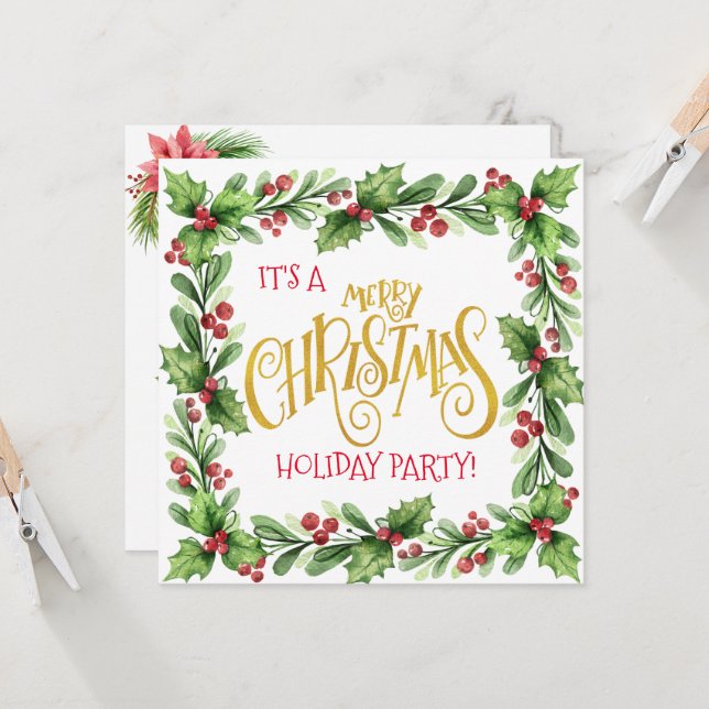 Holiday Holly and Berries Christmas Party Invitation (Front/Back In Situ)