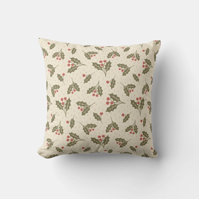 holiday Holly Berries Pattern Throw Pillow (Front)