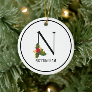 Holiday Holly Letter N Monogram Ceramic Ornament
