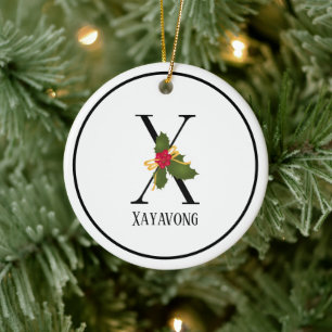 Holiday Holly Letter X Monogram Ceramic Ornament