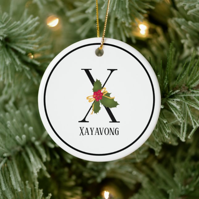 Holiday Holly Letter X Monogram Ceramic Ornament (Tree)