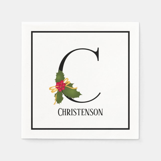 Holiday Holly Monogram Letter C Personalized Paper Napkin (Front)