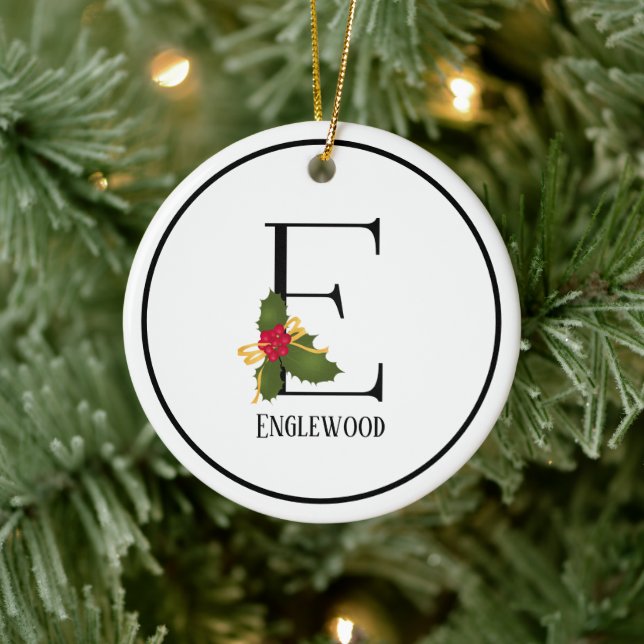 Holiday Holly Monogram Letter E Personalized Ceramic Ornament (Tree)