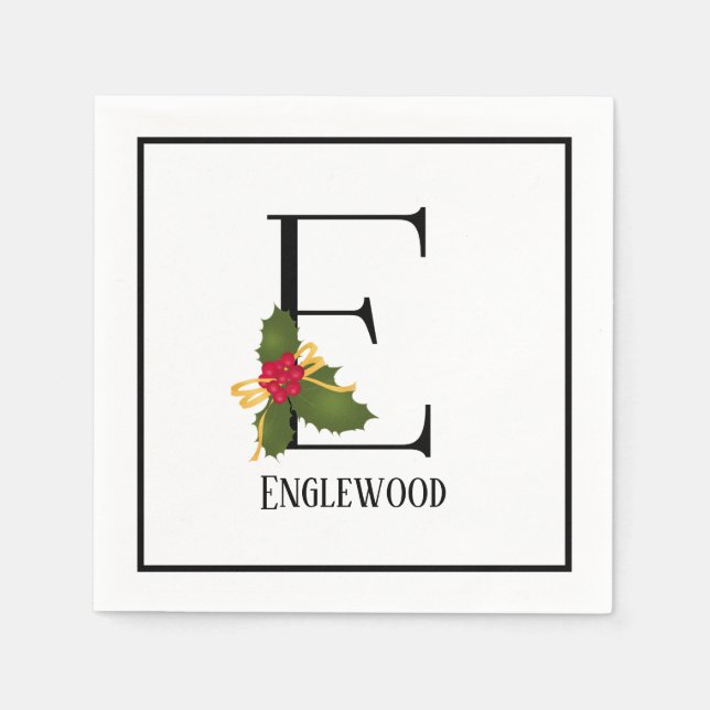 Holiday Holly Monogram Letter E Personalized Paper Napkin (Front)