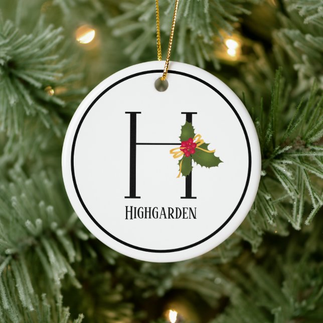 Holiday Holly Monogram Letter H Personalized Ceramic Ornament (Tree)