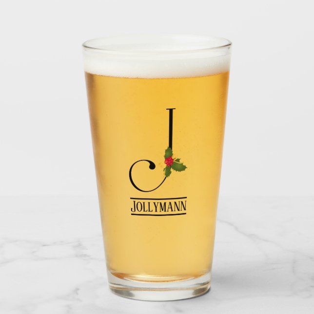 Holiday Holly Monogram Letter J Personalized Beer Glass (Front Filled)