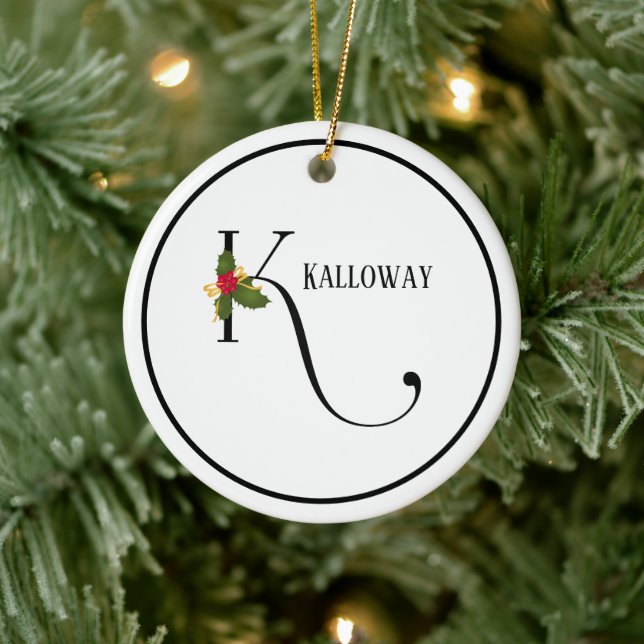 Holiday Holly Monogram Letter K Personalized Ceramic Ornament (Tree)