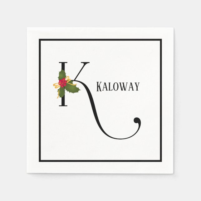 Holiday Holly Monogram Letter K Personalized Paper Napkin (Front)