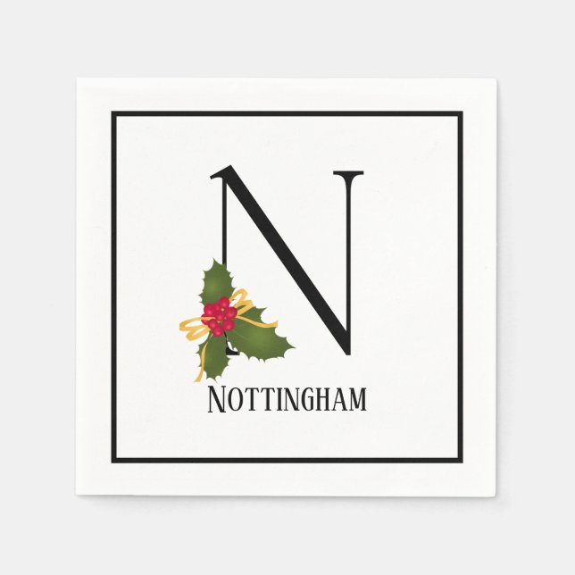Holiday Holly Monogram Letter N Personalized Paper Napkin (Front)