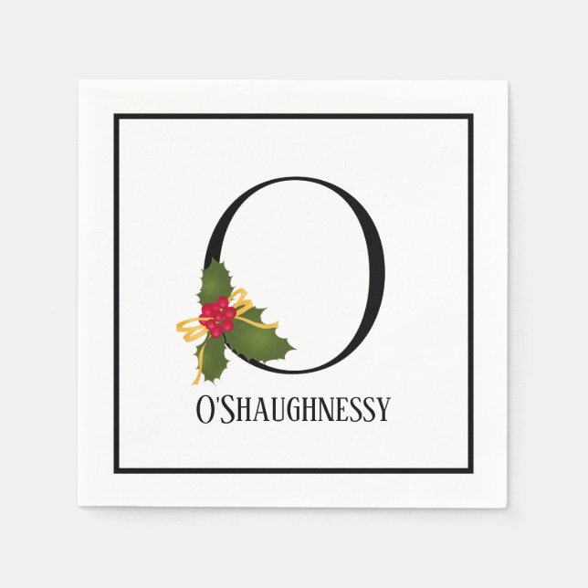 Holiday Holly Monogram Letter O Personalized Paper Napkin (Front)