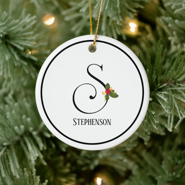 Holiday Holly Monogram Letter S Personalized Ceramic Ornament (Tree)