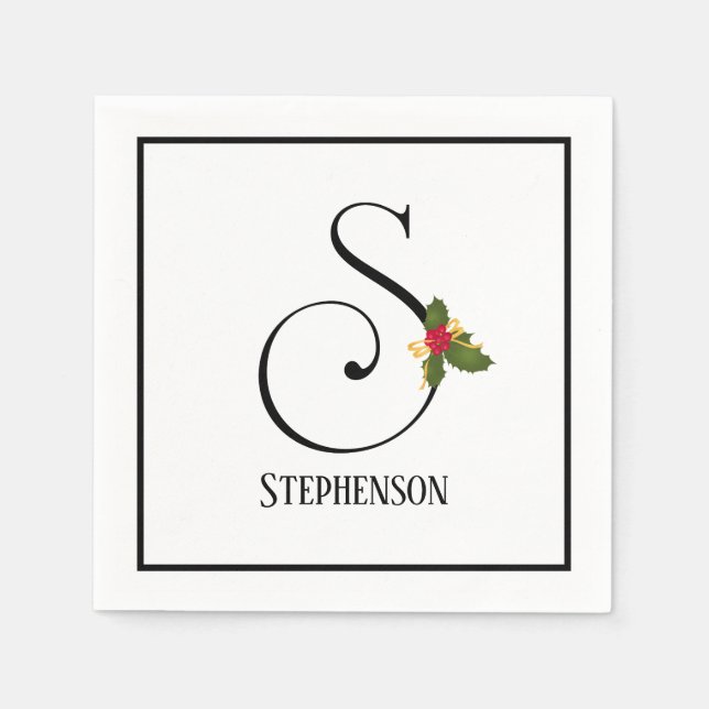 Holiday Holly Monogram Letter S Personalized Paper Napkin (Front)