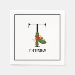 Holiday Holly Monogram Letter T Personalized Paper Napkin