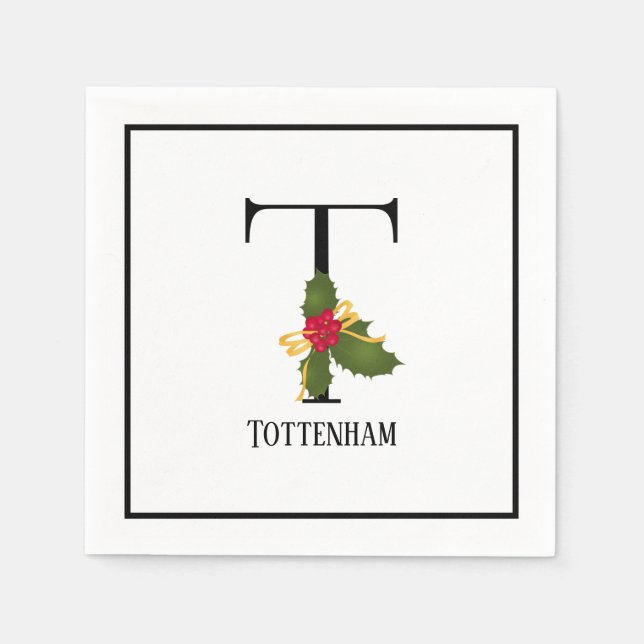 Holiday Holly Monogram Letter T Personalized Paper Napkin (Front)