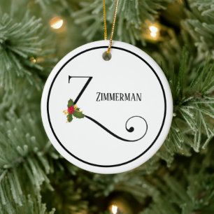 Holiday Holly Monogram Letter Z Personalized Ceramic Ornament