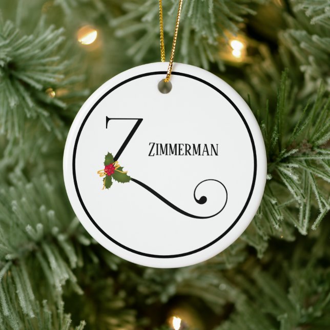 Holiday Holly Monogram Letter Z Personalized Ceramic Ornament (Tree)