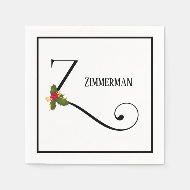 Holiday Holly Monogram Letter Z Personalized Paper Napkin (Front)