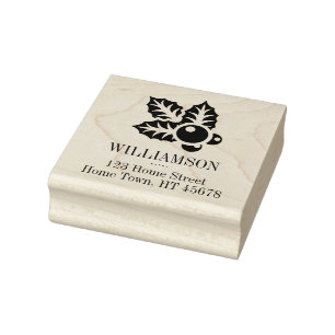 Holiday Holly Motif Family Name Return Address Rubber Stamp