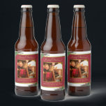 Holiday Holly & Pine Merry Christmas Photo Beer Bottle Label<br><div class="desc">These festive beer bottle labels are great for your holiday party or for giving home brew as a gift. The traditional hand painted watercolor design features your photo in a golden faux foil frame on a marbled crimson red background surrounded by winter greenery including green holly leaves and red berries...</div>