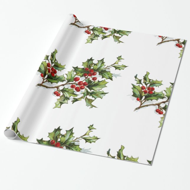 Holiday Holly Retro Style Gift Wrapping Paper (Unrolled)