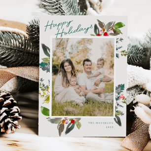 Holiday Holly Watercolor Christmas Photo Card