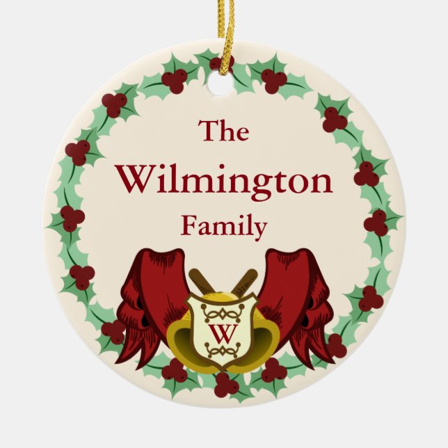 Holiday Holly Wreath & Bells Monogram Family Name Ceramic Ornament (Front)