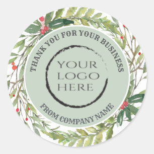 Holiday holly wreath thank you custom logo classic round sticker