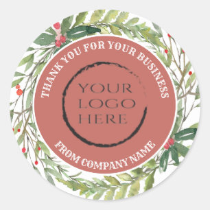 Holiday holly wreath thank you custom logo classic round sticker