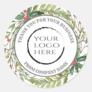 Holiday holly wreath thank you custom logo classic round sticker