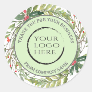 Holiday holly wreath thank you custom logo classic round sticker