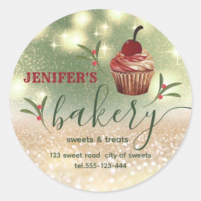 Holiday holy berry Glittery cupcake chef  bakery Classic Round Sticker (Front)