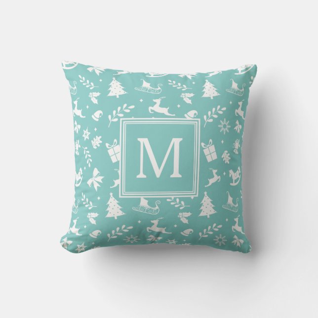 Holiday Home Decor Pastel Teal Monogram Throw Pillow (Front)