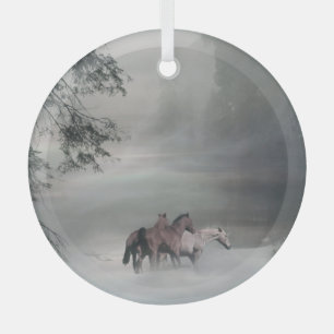 Holiday Horses in Snow Christmas Glass Ornament