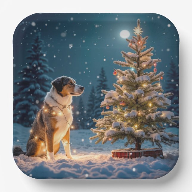 Holiday Hound Tangle In Light String Paper Plate (Front)