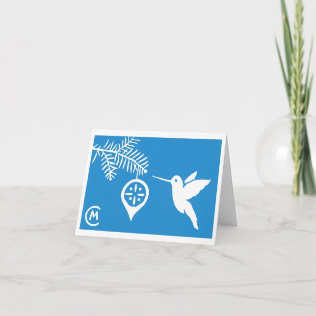 Holiday Hummingbird Greeting Card in Blue (Front)