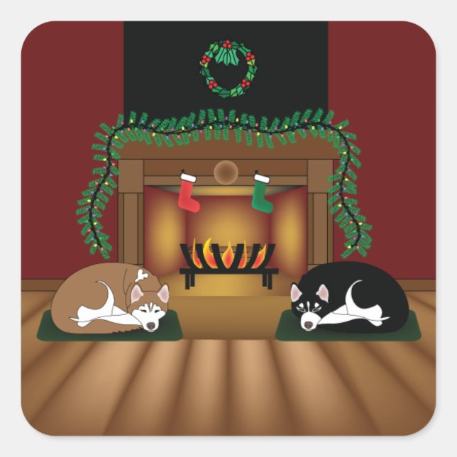 Holiday Huskies by the Fireplace Sickers Square Sticker (Front)