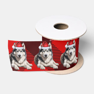 Holiday Husky Dog on Red Buffalo Plaid Satin Ribbon