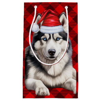 Holiday Husky Dog Red Buffalo Plaid Christmas Small Gift Bag