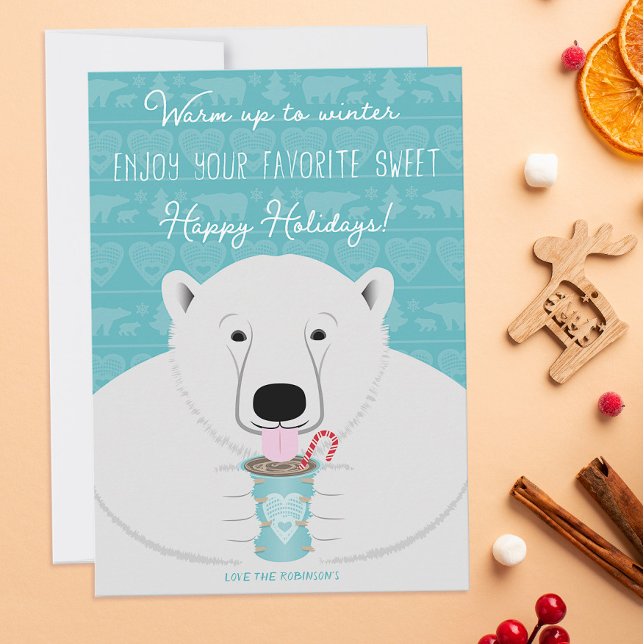Holiday Hygge Polar Bear Sips Hot Cocoa On Teal Card (Creator Uploaded)