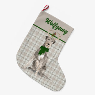 Holiday Irish Wolfhound and Plaid with Dog's Name Large Christmas Stocking