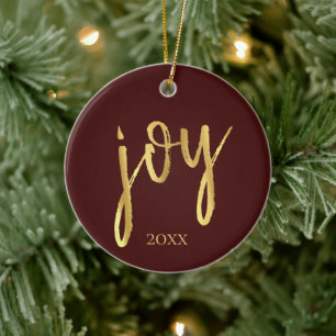 Holiday Joy Classic Gold Marker Script on Red Ceramic Ornament