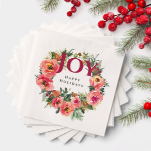 Holiday Joy Winter Pink Floral Wreath Botanical Napkin
