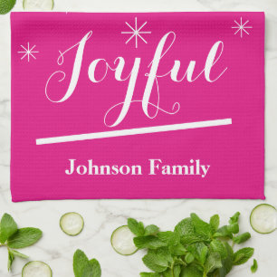 Holiday Joyful Kitchen Personalized Name Cool Pink Towel