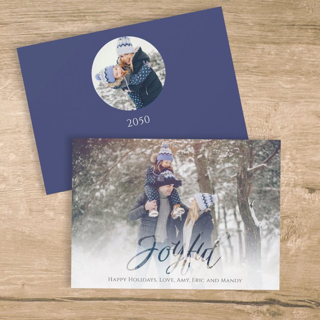 Holiday Joyful Script Blue White Snowflake 2 Photo Card (Creator Uploaded)