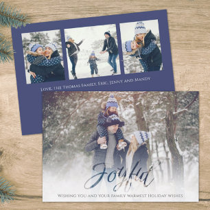 Holiday Joyful Script Blue White Snowflake 4 Photo Card
