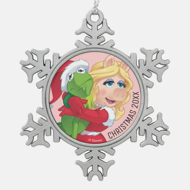 Holiday Kermit and Miss Piggy Snowflake Pewter Christmas Ornament (Front)