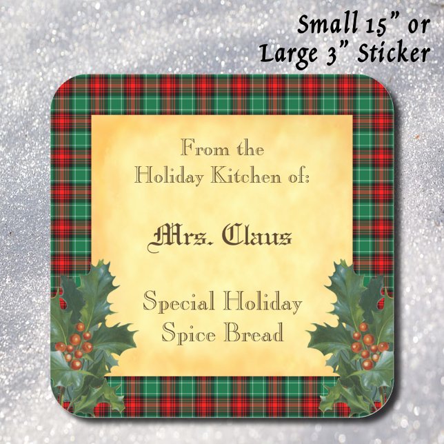 Holiday Kitchen of Holly Plaid Baking Sticker (Holiday Red Green Plaid with Holly 'Holiday Kitchen of' sticker)
