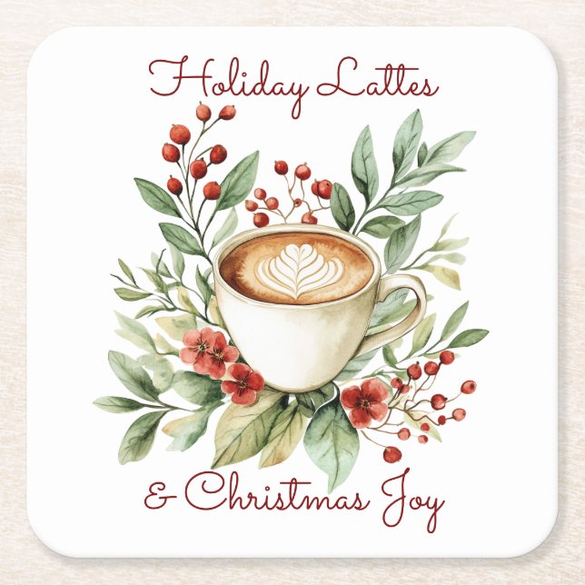 Holiday Lattes and Christmas Joy Customizable  Square Paper Coaster (Front)