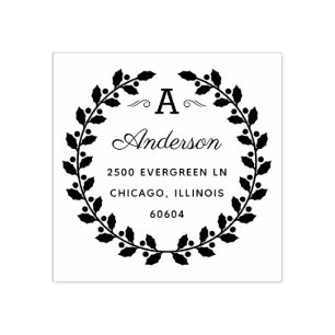 Holiday Laurel Elegant Monogram Return Address Rubber Stamp