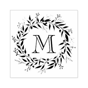 Holiday Laurels and Berries Wreath Family Monogram Rubber Stamp